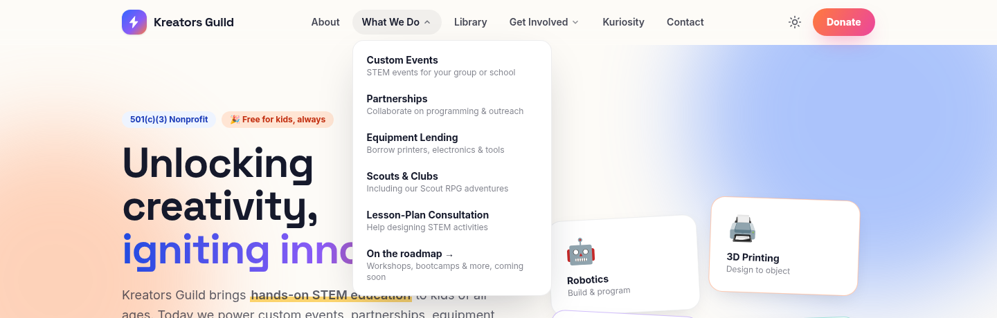 Navigation with the "What We Do" dropdown open